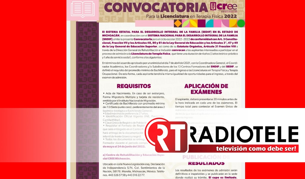 CREE del DIF Michoacán abre convocatoria para la licenciatura en Terapia Física